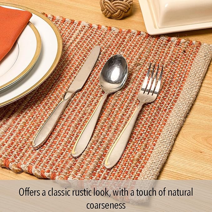 Chardin Home Natural Jute & Rust Orange Placemats, Set of 4 – Rustic Handmade Boho Table Mats, 13x19 Inch Dining Table Placemats for Kitchen, Everyday Meals, Holidays, Farmhouse or Modern Table Décor