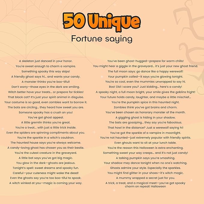4E's Novelty Halloween Fortune Cookies Bulk - 50 Individually Wrapped with 50 Funny & Scary Fortune Cookies Sayings for Kids & Adults, Trick-or-Treat Perfect for Halloween Party