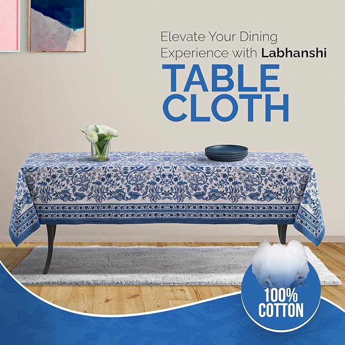 Labhanshi Indian Handblock Print Table Cloth|Ethnic Rectangle 72x108 Inch Floral Cotton 8-Seater Spring Easter Table Cover for Kitchen Dining Table Buffet Outdoor Tea Parties and Camping|Blue