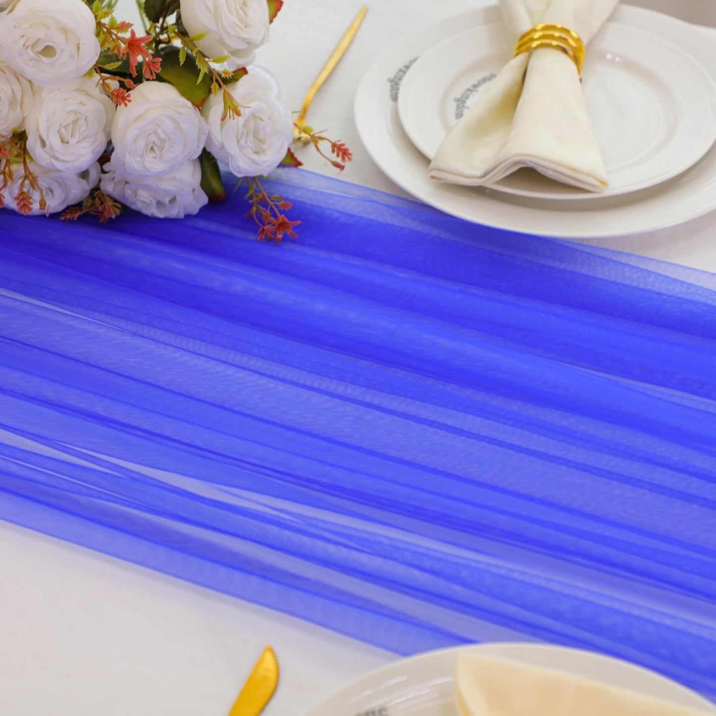 Snowkingdom Royal Blue Table Runner, 10FT Blue Tulle Rustic Gauze Cheesecloth Table Decorations, Long Boho Rustic Tulle Fabric Runners for Christmas Wedding Baby Shower Birthday Party Home Decor