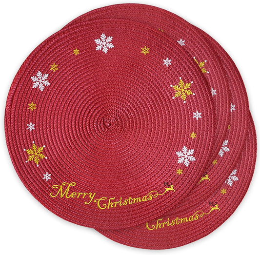 Christmas Placemats Set of 4 Round Placemats Christmas Red Embroidered Table Place mats, Christmas Decorations Holiday Snowflake Plates Chargers for Kitchen Dining Table Mats