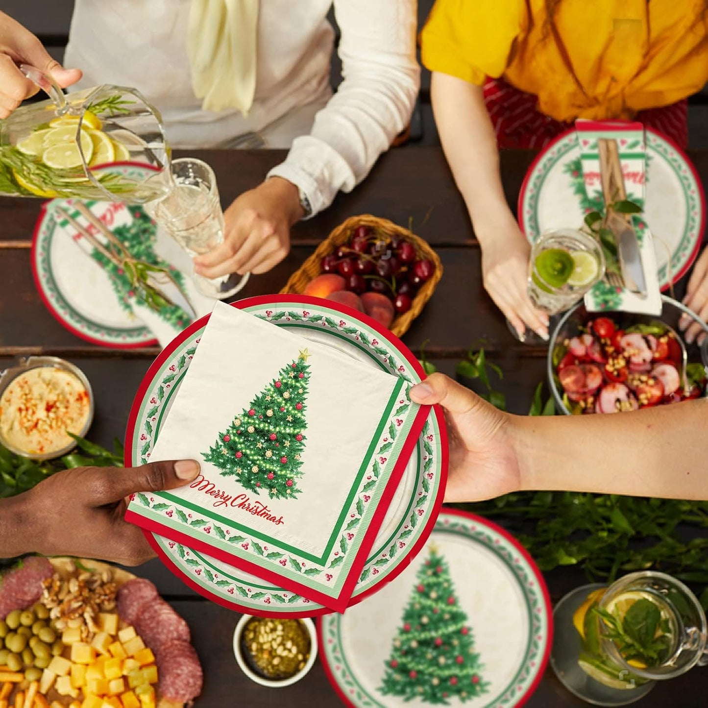 Gatherfun Christmas Party Supplies Kit, Serve 50, Christmas Tree Disposable Dinnerware Includes: Paper Dinner Plates, Dessert Plates, and Napkins, Great for Merry Christmas Party Decorations