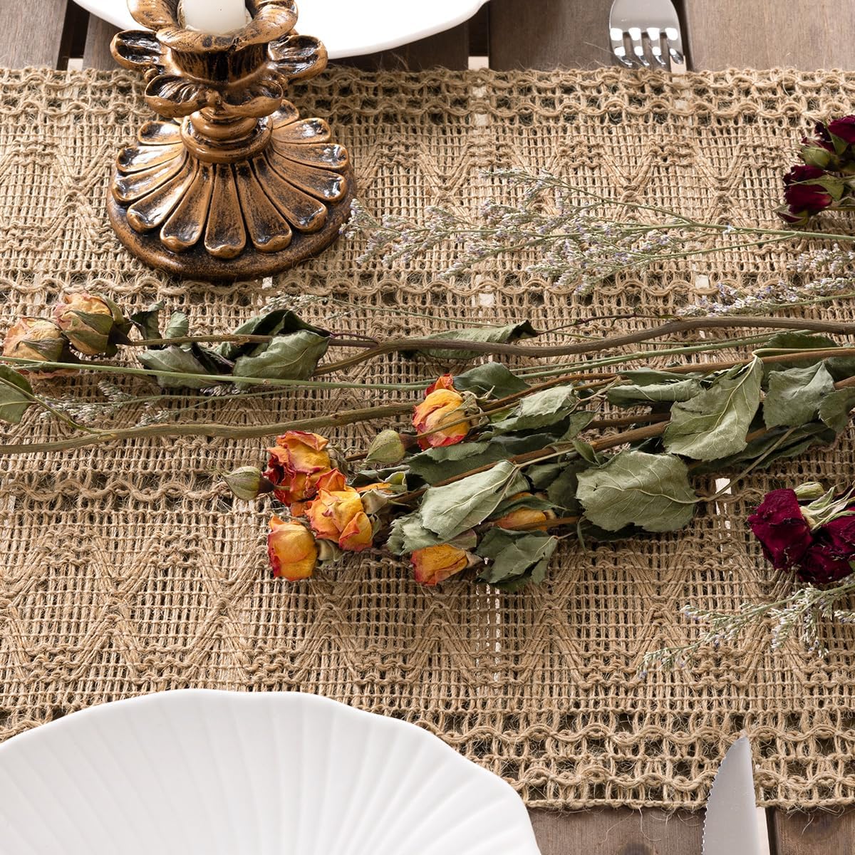 Socomi Boho Table Runner Fall Thanksgiving Farmhouse Burlap Jute Bamboo Rustic Dining Kitchen Centerpiece Decor Small Macrame Woven Coffee Table Runner for Dresser Scarf Home Decor 12x36 inch