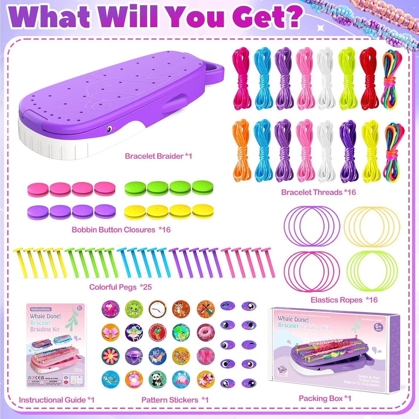 Euclidean Cube Friendship Bracelet Making Kit for Girls, Purple Whale Shaped Jewelry Making Kit for Girls Ages 8-12, DIY Arts and Crafts String Maker Tool, 7 8 9 10 11 12 Years Old Girl Birthday Gift