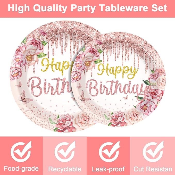 96Pcs Happy Birthday Party Supplies Floral Birthday Paper Plates Napkins Rose Gold Flower Birthday Party Decorations for Girls Women Floral Dinnerware Party Favor Spring Tea Tableware Serves 24