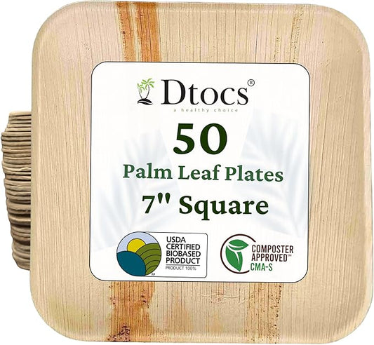 Dtocs Palm Leaf Plates Disposable 7" Square (50) | Compostable Dinnerware for Serving Desserts, Appetizer, Salad, Mini Charcuterie Boards for Camping, Wedding, Birthday | Sturdy than Paper Plates