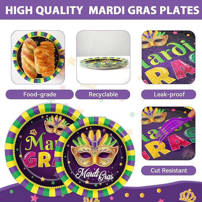 96Pcs Mardi Gras Party Supplies Mardi Gras Paper Plates Napkins Forks Colorful Mardi Gras Decorations Dinnerware Disposable Party Favors Mardi Gras Party Decorations for Party Tableware Serves 24