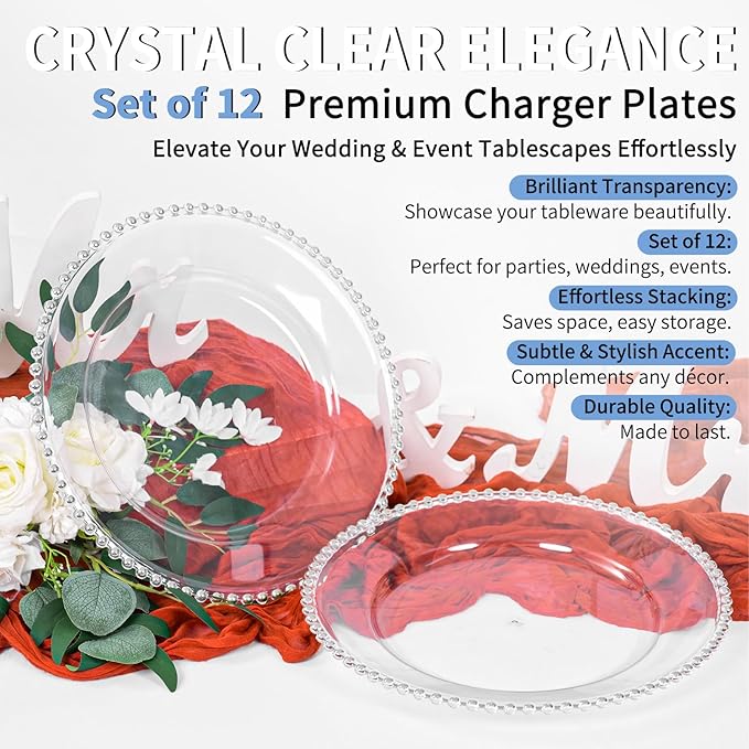 12 Pack Clear Charger Plates Bulk Wedding, 13 Inch Plastic Round Dinner Chargers with Silver Beaded Rim, Acrylic Round Decorative Plates for Wedding Party Home and Tabletop Decor (Silver)