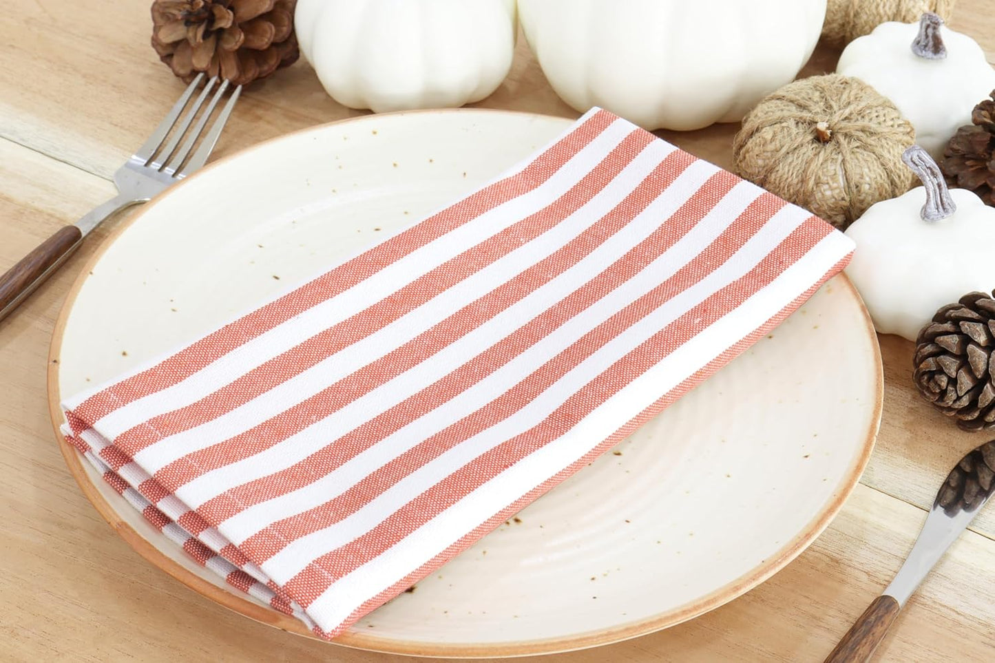 PurpleEssences Plain Striped Cloth Napkins - Set of 12-100% Cotton - 18 x 18 Inch - Fall Thanksgiving - Perfect Everyday Use Dinner Napkin - Orange White