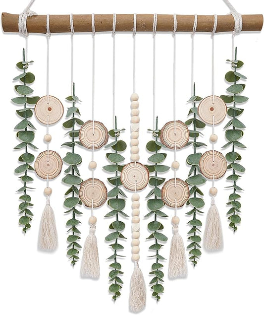 Boho Wall Decor Artificial Eucalyptus Bathroom Decor Fake Eucalyptus Greenery Leaves Stems Wall Hanging Plants on 16.5 inch Wooden Stick with Wooden Bead Rustic Farmhouse for Bedroom Nursery Kitchen