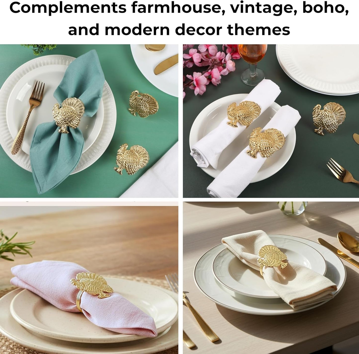 Set of 12 Turkey Napkin Rings for Thanksgiving Table Decor | Premium Metal Dinnerware Holders | Fall Harvest, Christmas & Holiday Banquet Accessories (Gold) - ALPHA Living HOME