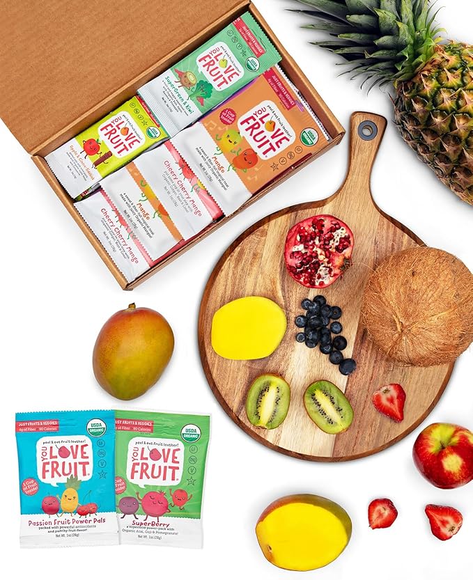 YOU LOVE FRUIT - Fruit Snacks Gift Box 24 Pack, 100% Natural Gluten-Free, Vegan, Fiber Packed, Low Fat Fruit Snack for Kids, College Students, Teachers and Offices, Healthy Fruit Snacks (apple cinnamon, mango, berry, kiwi berry, passion fruit, cherry m...