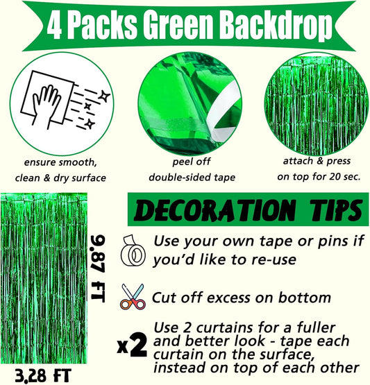 4 Pack Green Fringe Curtain Backdrop, 3.2Ft x 9.8Ft Metallic Tinsel Foil Fringe Streamers Background for Photo Booth Birthday Wedding Baby Shower Carnival Easter Mother’s Day Party Decorations