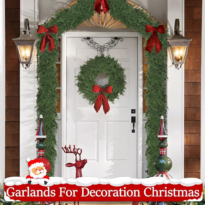 Christmas Garland Soft Bendable Realistic Artificial Cedar Pine Green Xmas Mantle Garland for Staircase with Gift Box Garlands for Decoration Christmas Fireplace Porch Table Home Yard Decor