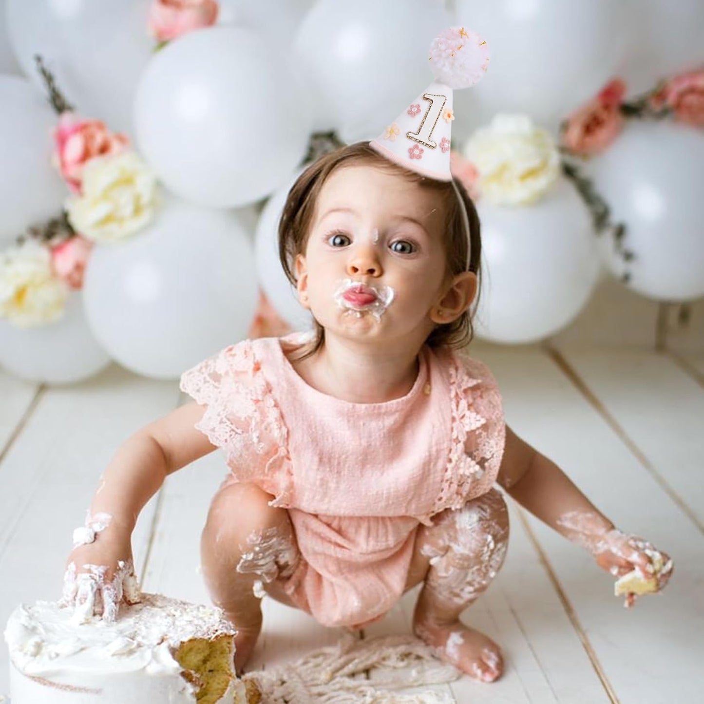 YOUAME Boho Daisy Flower Birthday Party Hat For Girls - Floral First Birthday Decorations, Boho Daisy Felt One Year Cone Hat, Groovy Flower Cake Smash Photo Props