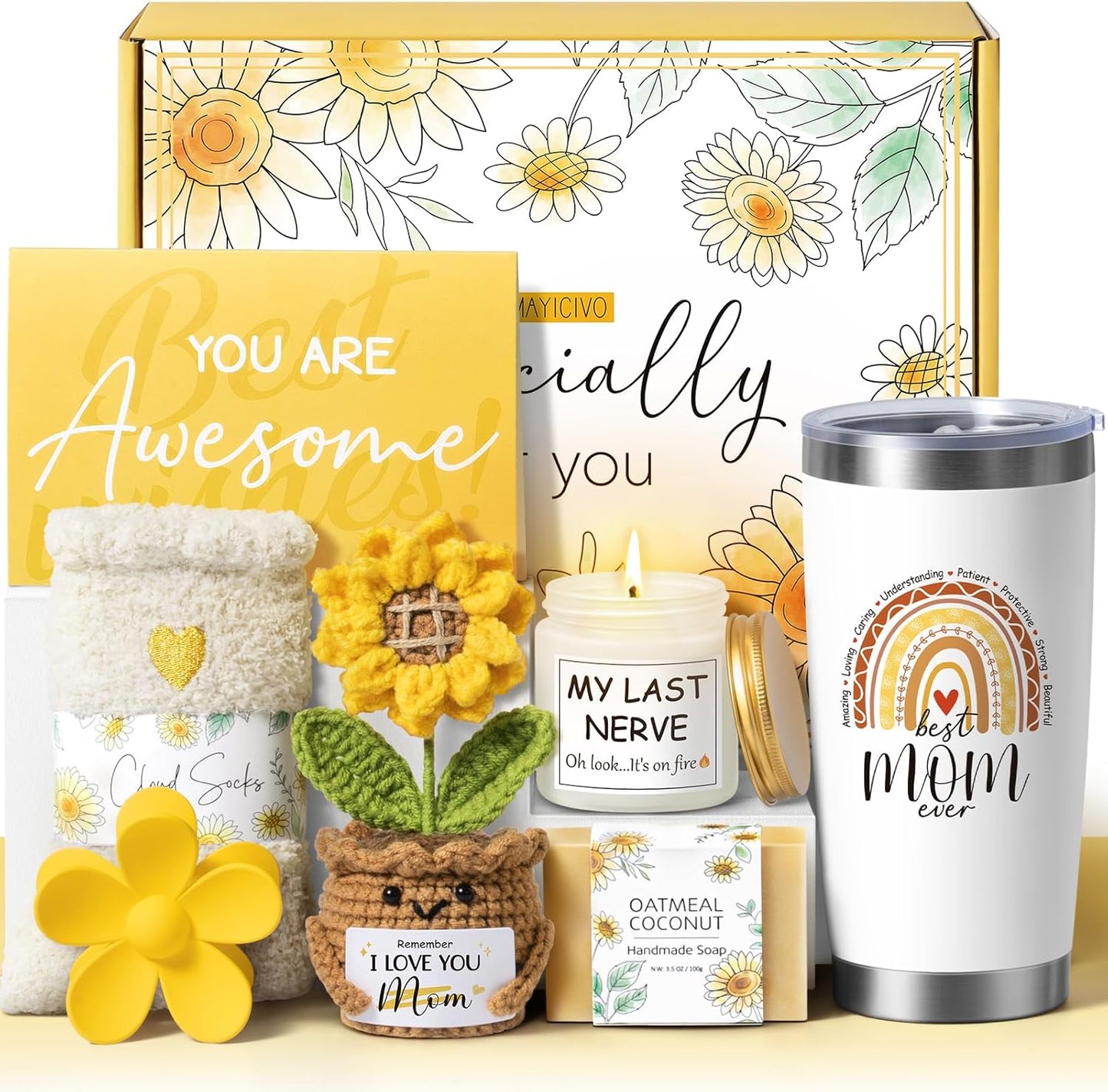 Christmas Gifts for Mom from Daughter Son Kids, Best Mom Birthday Gifts Ideas for Women Mother-in-Law Christmas Mothers Day Gift Baskets for Mother, Sunflower New Mama Gift for Wife Women from Husband