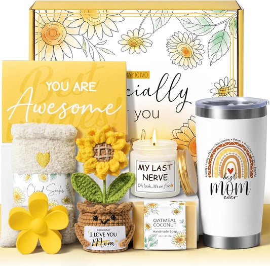 Christmas Gifts for Mom from Daughter Son Kids, Best Mom Birthday Gifts Ideas for Women Mother-in-Law Christmas Mothers Day Gift Baskets for Mother, Sunflower New Mama Gift for Wife Women from Husband