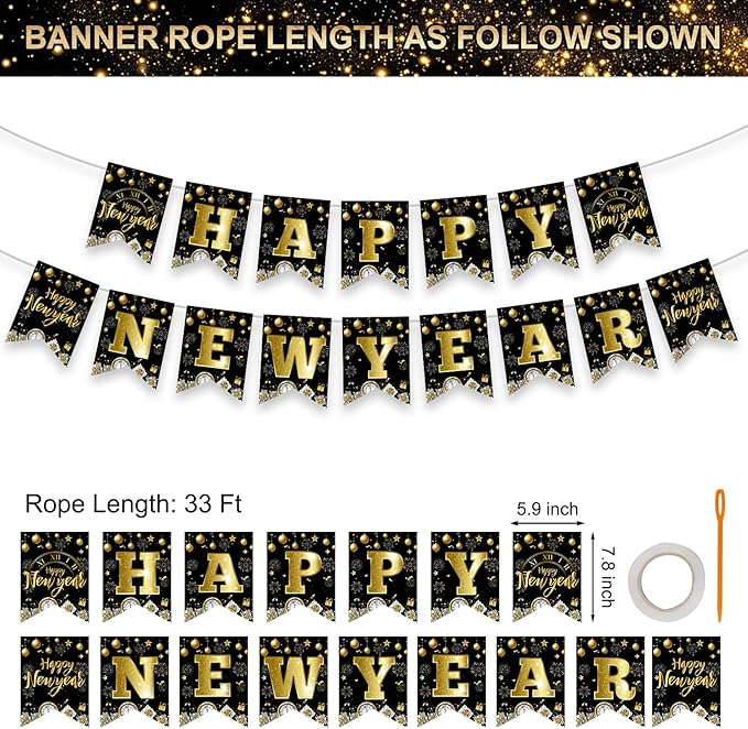 Happy New Years Eve Decorations 2026 - Black Gold Happy New Year Banner, New Years Sign Bunting Banner Garland for 2026 New Year Party Supplies, Home Office Fireplace Wall Decorations Favors Props