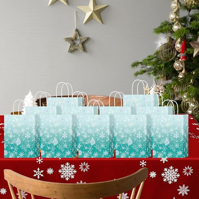 HongXingHai Christmas Gift Bags with Handles, 16 Pack Kraft Paper Bags with Snowflake Design, Reusable Holiday Party Favor Bags for Christmas, Winter Birthday, Wedding, Shopping, Small Gifts