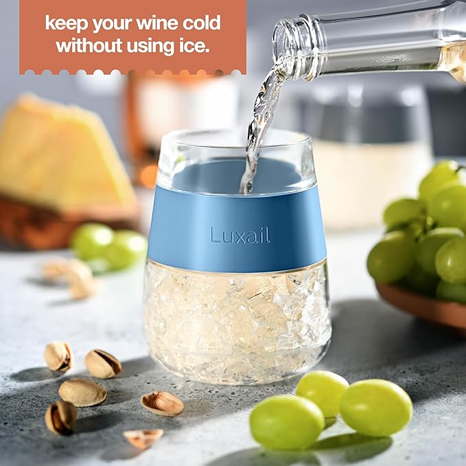 Wine Glasses, Plastic Wine Glasses Set of 2, Wine Gifts, Double Wall Insulated Freezer Tumbler, Stemless Freezer cups for Red and white Wine, 8.5 Oz, Misty Blue