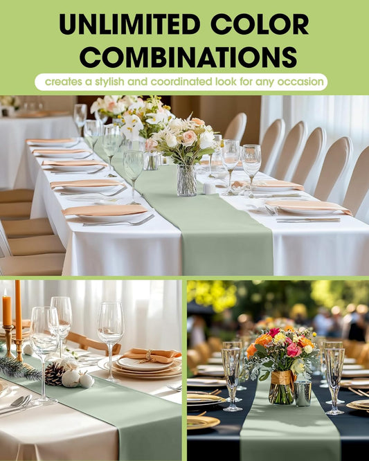 Pureegg Sage Green Plastic Table Runners - 30 Pack, 14'' x 108'', Water Resistant & Disposable Centerpiece Decorations for Table Cloth, Wedding, Birthday, Holiday, Baby Shower, Party, Home Decor
