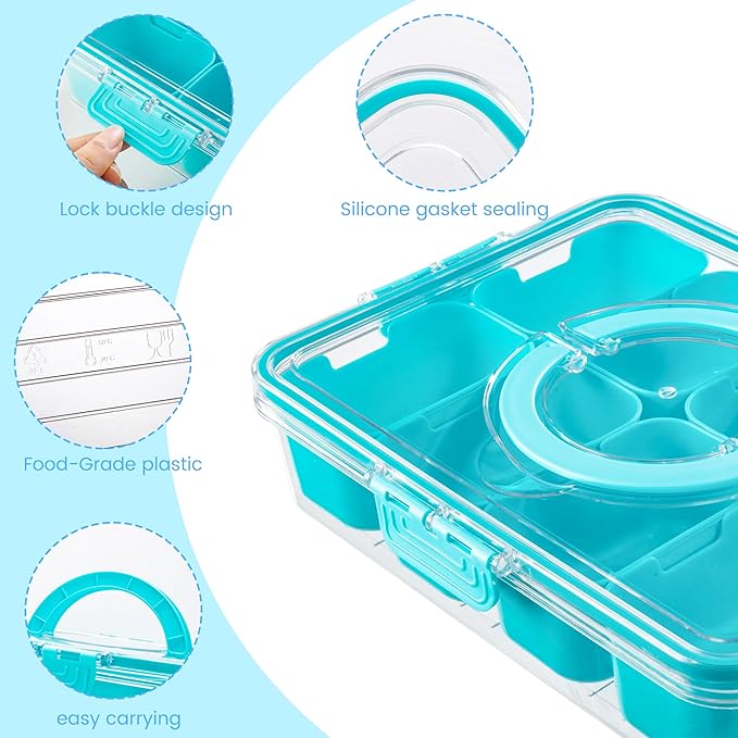 Divided Serving Tray with Lid and Handle - Snackle Box Charcuterie Container for Portable Snack Platters Organizer for Candy, Fruits, Nuts, Snacks - Perfect for Party, Entertaining, Green