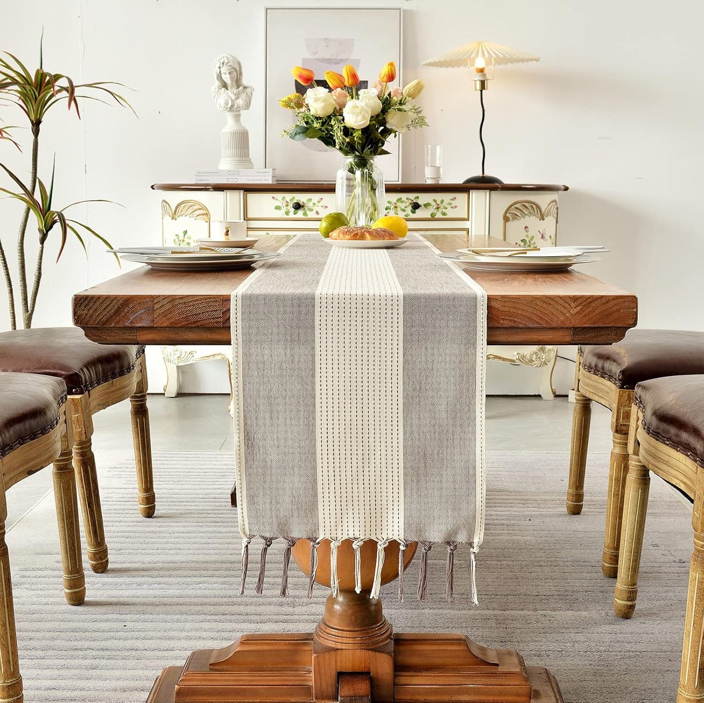 Wracra Linen Table Runner, Farmhouse Macrame Table Runners 72 Inches Long for Dining Table Decor, Wedding, Party and Dresser Decor (Dark Coffee,72")