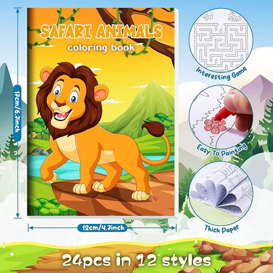 BenLouis 24 Jungle Safari Mini Coloring Books Kids with 24 Stacking Crayons Zoo Animals Party Favors Activity Books Bulk for Kids Wild One Lion Goodie Bag Gift Stuffer Classroom Reward