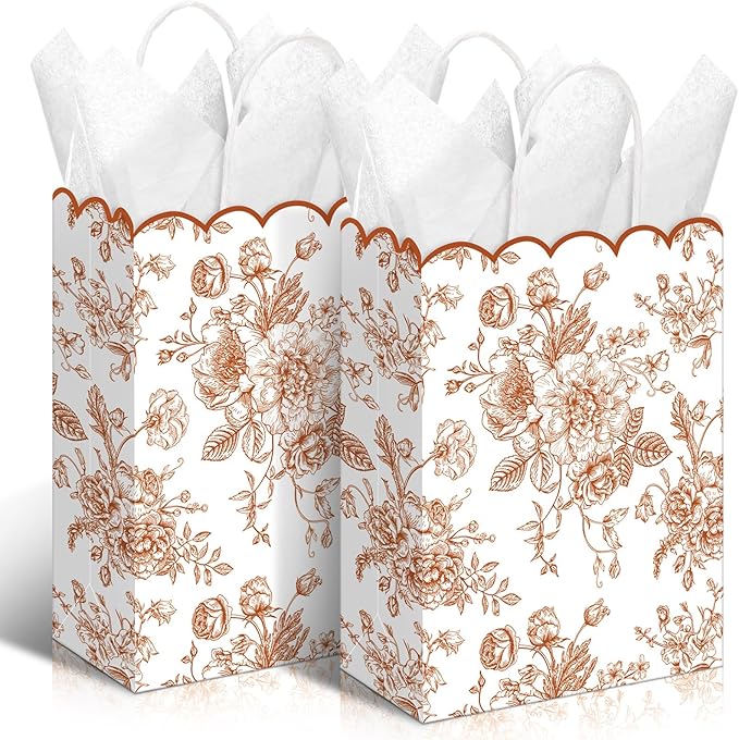 Kolldenn 24 Pcs Terracotta Floral Party Favor Bags with Handles 6.3x3.2x8.3 in Scalloped Wildflower Goodie Candy Gift Treat Bags for Birthday Decoration for Bridal Baby Shower Party Supplies