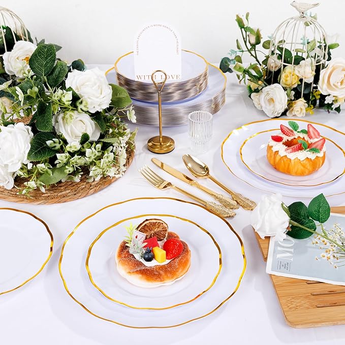 supernal 60 pcs White and Gold Plastic Plates for Party Fancy Elegant Scalloped Plates Heavy Duty Bridal Shower Plate Wedding Disposable Dinnerware Included 30 Gold Dessert Plate and 30 Dinner Plate