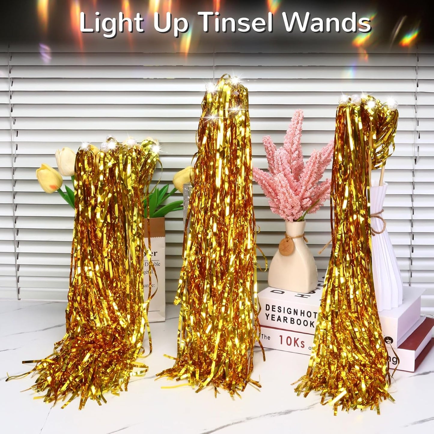 30PCS LED Tinsel Wands,Gold Lighted Wedding Wands Streamers,Light Up Sticks Sparklers for Wedding Send Off and Exits,Birthday Party Favors,Baby Shower,July 4th