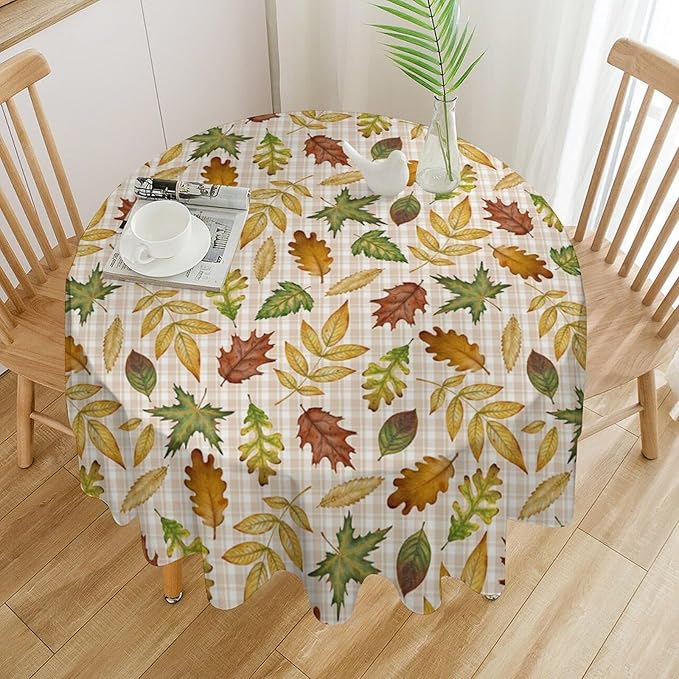 YCness Autumn Maple Leaves Tablecloth, Thanksgiving Autumn Harvest Watercolor Ginkgo Biloba Abstract Geometry Leaves Table Cover for Party Picnic Dinner Decor 60x60 Inch Round