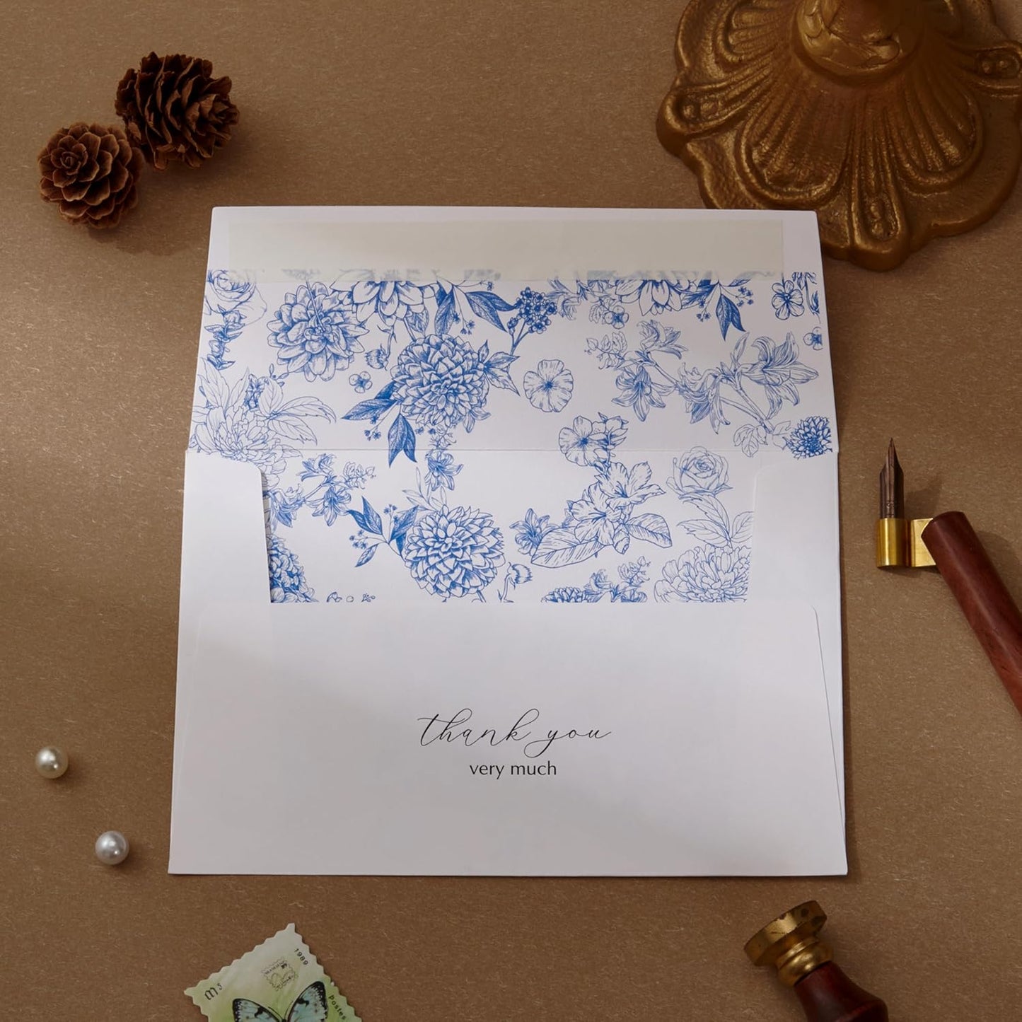 Crisky 100 Pack Blue Floral Thank you cards Gold Foil Greeting Notes Bulk with Envelopes & Stickers for Birthday, Baby Shower, Bridal Shower, Wedding, Graduation