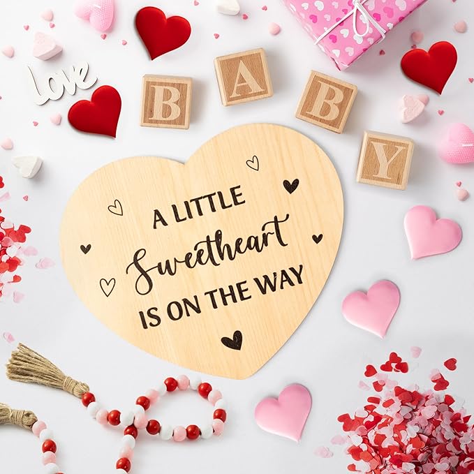13Pcs Valentine Pregnancy Announcement Set - Coming Soon Baby Announcements Ideas Include Wooden Sign Beads Garland Wood Blocks Sponge Pregnancy Reveal Photo Props for Grandparents Dad Husband Family