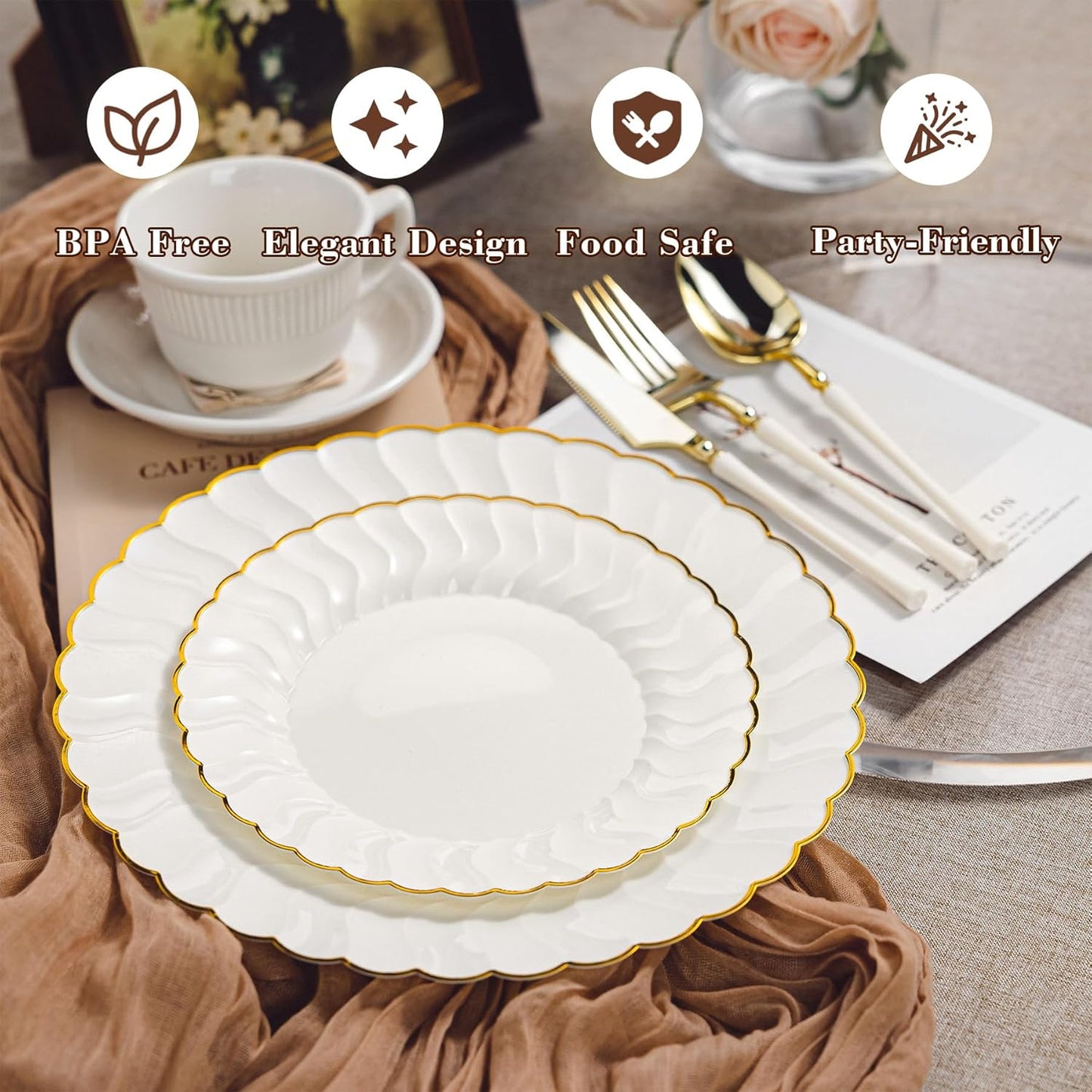 HOMIP 150PCS Ivory Plates with Gold Disposable Silverware - Include 60 Scalloped Plastic Plates, 30 Knives, 30 Forks, 30 Spoons Elegant & Lightweight for Weddings, Birthdays, Parties