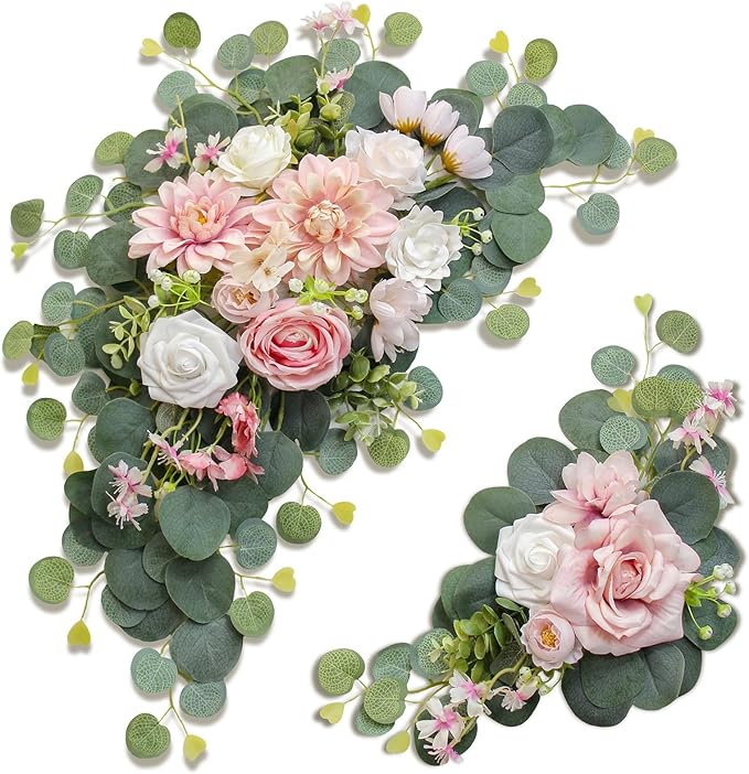 Artificial Wedding Arch Flowers for Wedding Sign,Set of 2 for Welcome Ceremony Sign,Faux Floral Swags, Banquet and Reception Backdrop Floral Decoration (Pink)