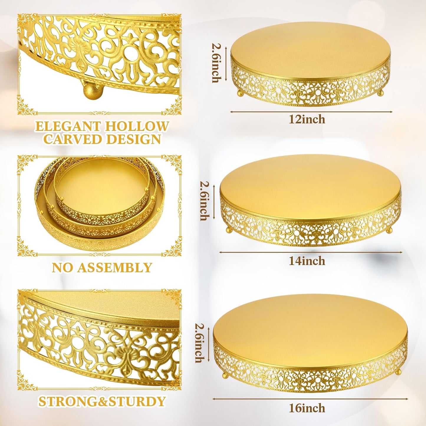 Wenqik 3 Pcs 16'' 14'' 12'' Metal Gold Cake Stand Round Cake Stands for Dessert Table Cookies Fruit Serving Tray Cupcake Dessert Pastry Riser for Wedding Birthday Party and Events