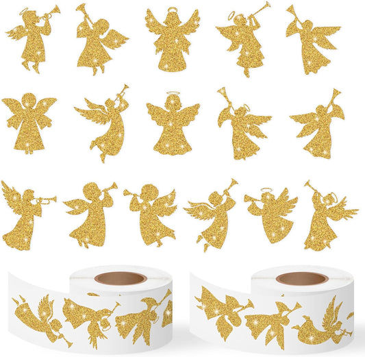 Gold Angel Christmas Stickers - 2 Rolls 16 Gold Foil Angel Designs Waterproof Holiday Decorations for Gift Wrapping, Scrapbook, Kids Crafts, Party Favors, Glass Windows & Laptop Decor