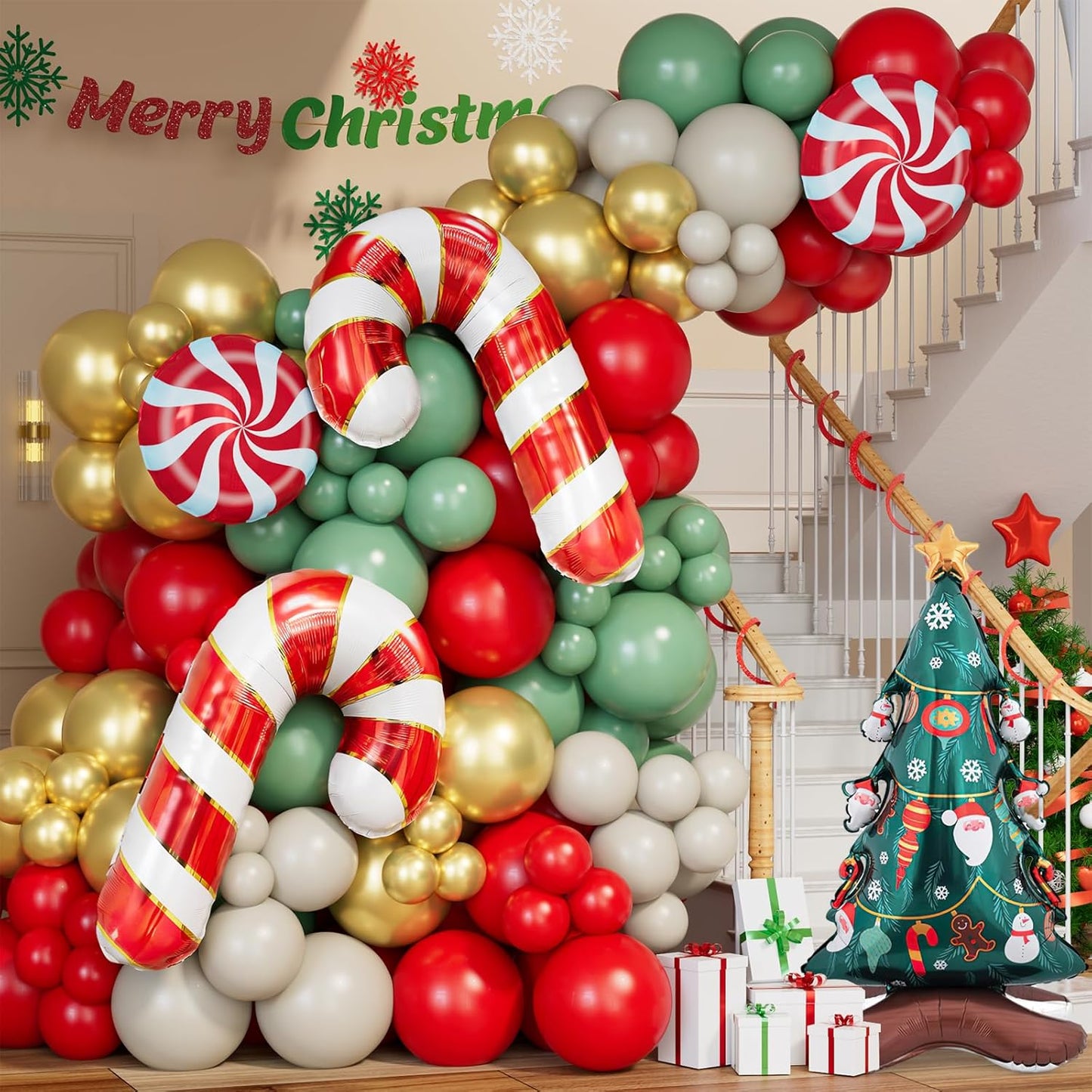 Christmas Balloon Garland Arch Kit 168PCS Red Sage Green Gold White Sand Balloons Candy Balloon Cand Cane Balloons for Christmas Party Decorations Supplies