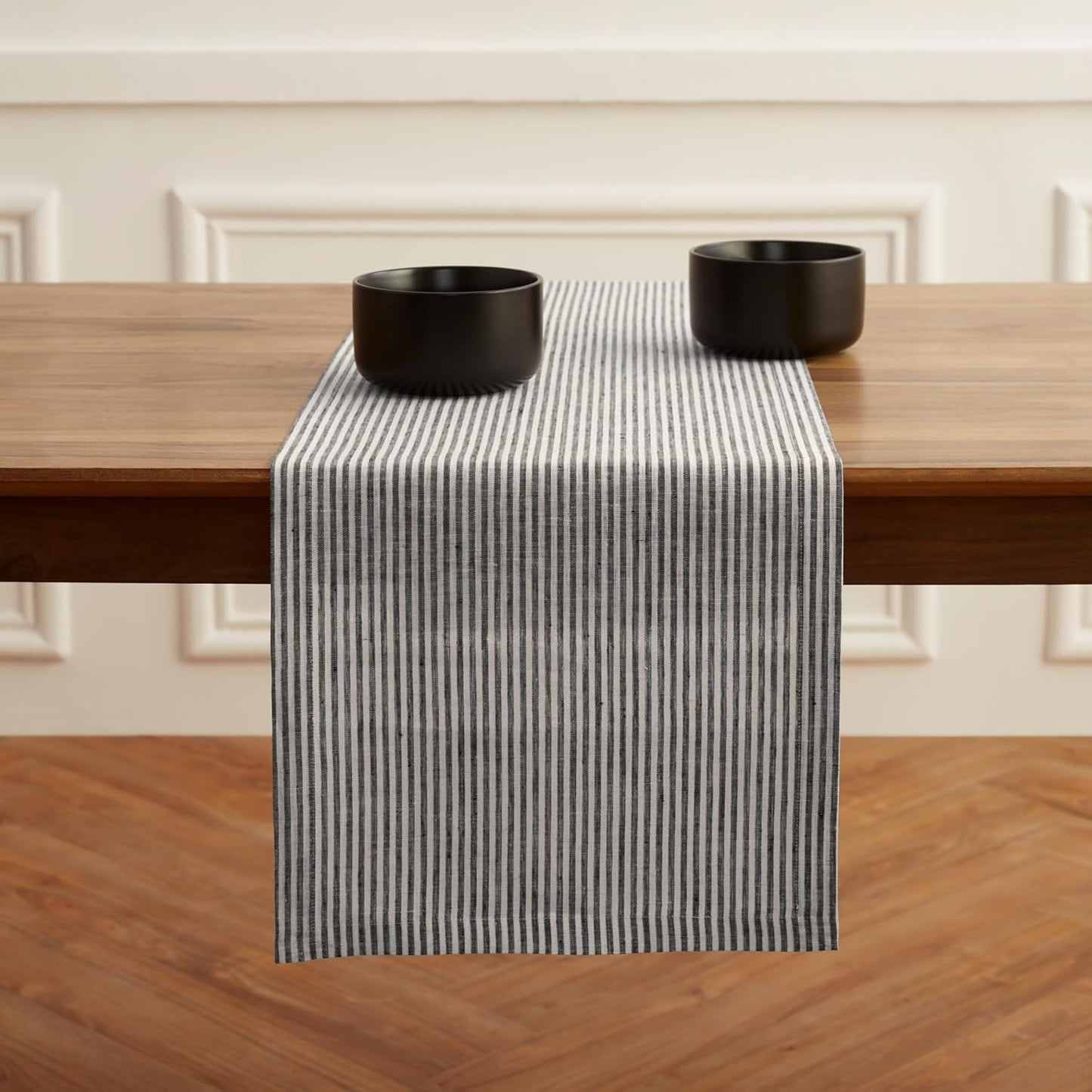 Solino Home Linen Table Runner 60 Inches - Narrow Stripe 100% Pure Linen Black and White Table Runner 14 x 60 Inch Ideal for Dresser and Coffee Tables - Fall, Halloween, Thanksgiving, Christmas