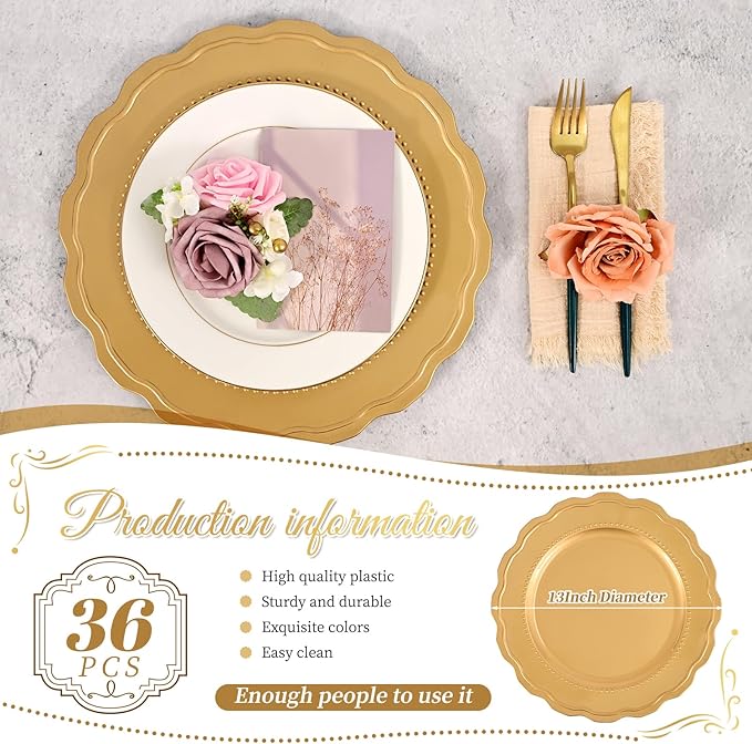 36 Pcs Gold Charger Plates with Wavy Edges, 13 Inch Round Bulk Charger Plate,Elegant Reusable Plastic Dinner Chargers Plates for Wedding Holiday Party Baby Shower Event Decoration (Gold)
