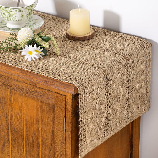 Socomi Boho Table Runner Fall Thanksgiving Farmhouse Burlap Jute Bamboo Rustic Dining Kitchen Centerpiece Decor Small Macrame Woven Coffee Table Runner for Dresser Scarf Home Decor 12x36 inch