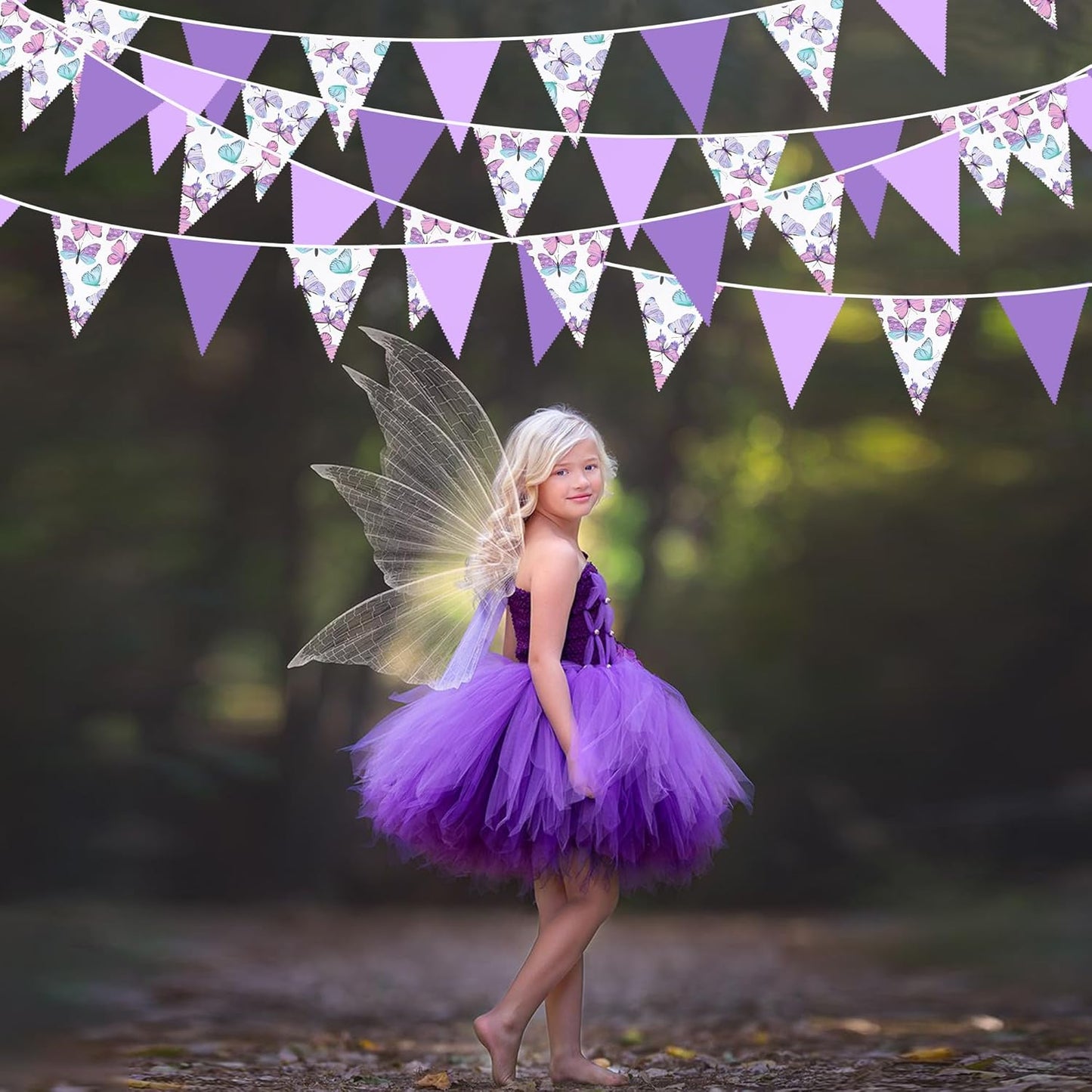 32Ft Pink Purple Butterfly Triangle Flag Fabric Banner Pennant Garland Streamer for Birthday Wedding Baby Shower Lavender Mermaid Girls Tea Party Decor