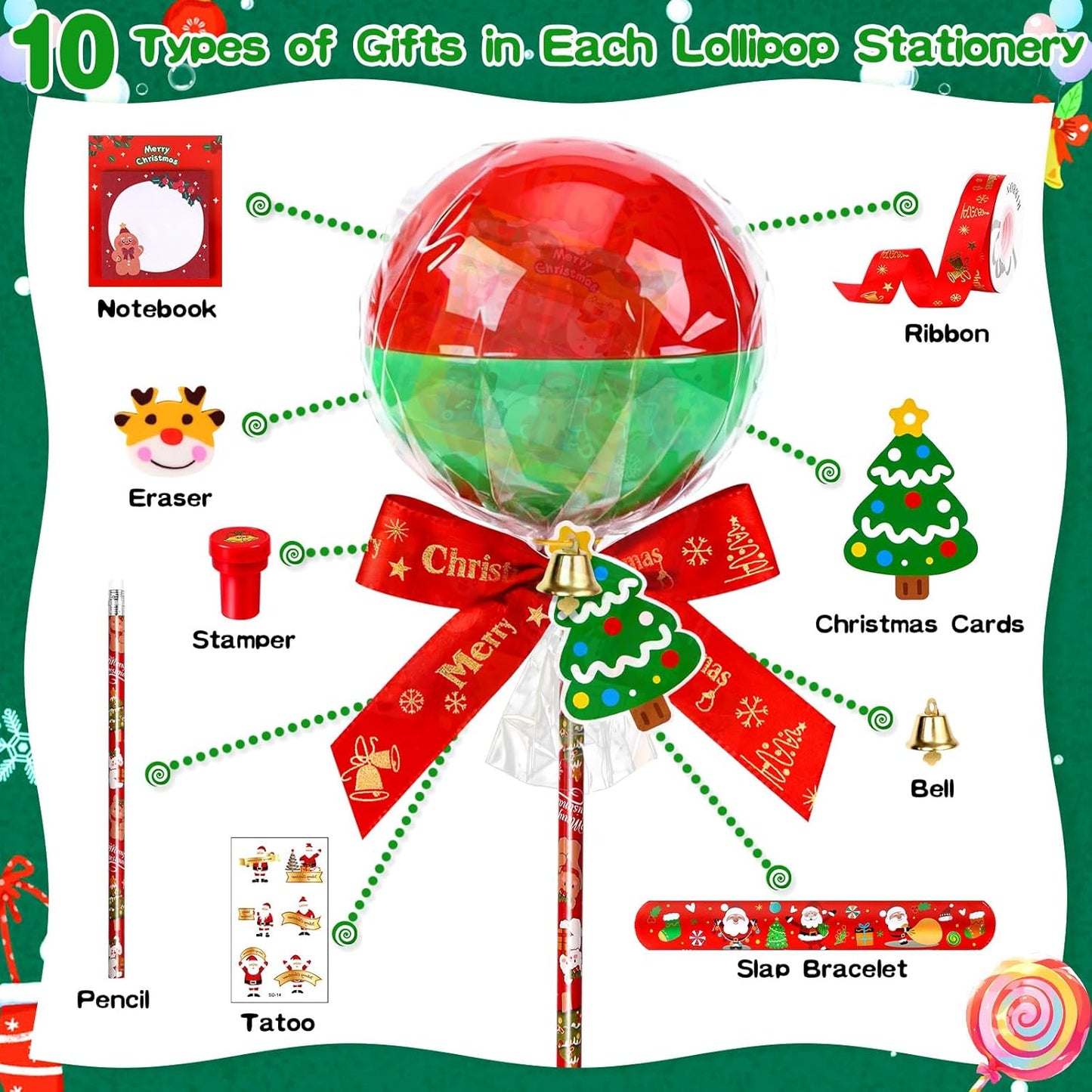 216Pcs Giant Lollipop Christmas Classroom Gifts for Kids, 24 Set Giant Lollipop with Pencils, Stickers, Erasers for Classroom School Exchange Christmas Party Favors Supplies