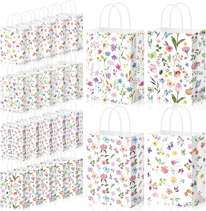 Gilprop 24 Pcs Wildflower Paper Gift Bags Spring Floral Candy Goodie Treat Bags Easter Flower Party Favor Bag with Handle for Mother's Day Birthday Party Bridal Shower Wedding Gift Wrapping Supplies