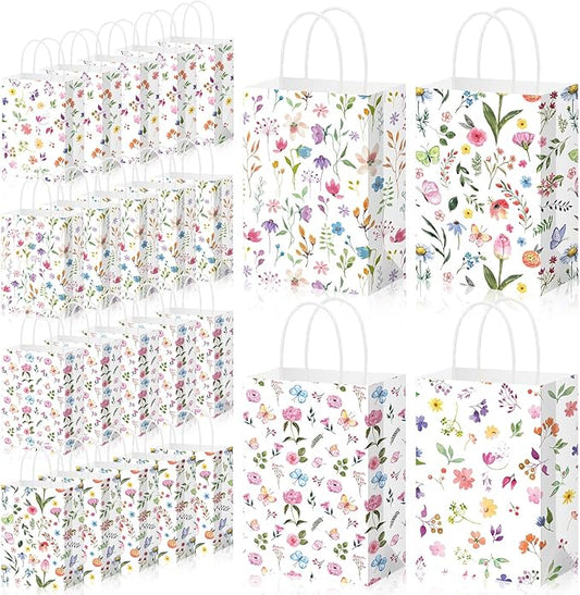 Gilprop 24 Pcs Wildflower Paper Gift Bags Spring Floral Candy Goodie Treat Bags Easter Flower Party Favor Bag with Handle for Mother's Day Birthday Party Bridal Shower Wedding Gift Wrapping Supplies