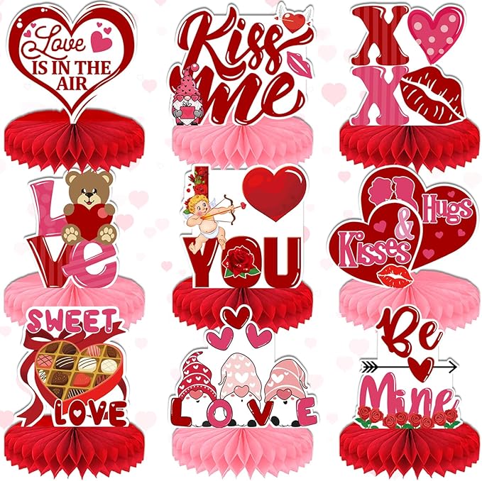 Centerpiece for Table Decorations, 9 Pcs 3D Honeycomb Certerpieces for Party Supplie(Valentines Day)