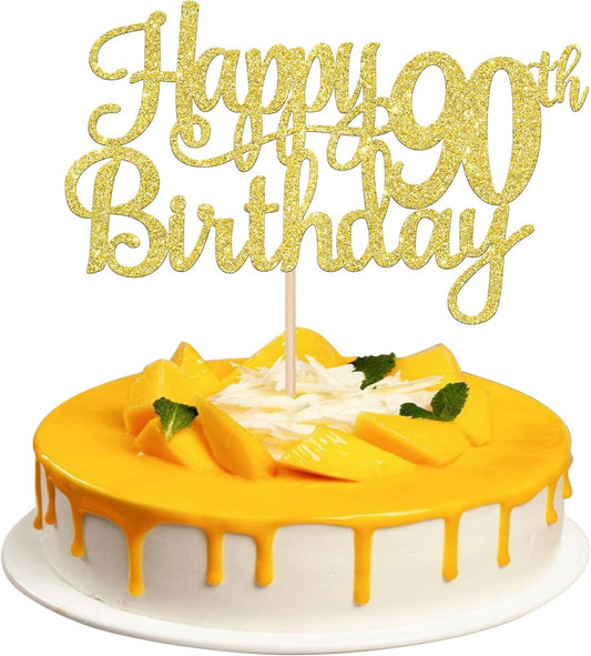 1 PCS Happy 90th Birthday Cake Topper Gold Glitter Cheers to 90 Years Birthday Cake Pick 90 Fabulous Cake Decoration for Happy 90th Birthday Theme Party Decorations Supplies