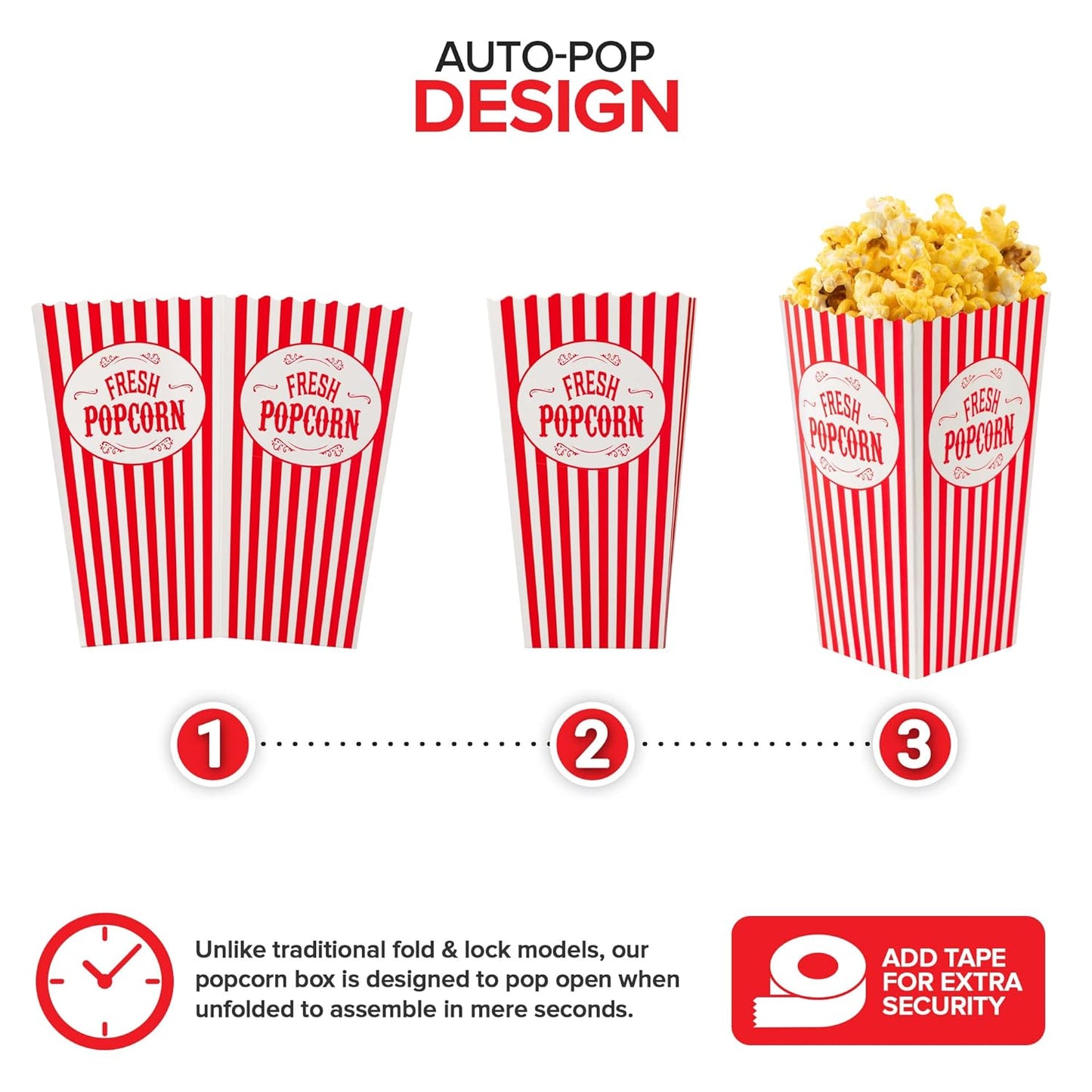[25 Pack] Movie Theater Popcorn Boxes Disposable Red & White Striped - 30 oz Capacity - Vintage Snack Box Concession and Carnival Party Supplies, Individual Popcorn Bucket Containers