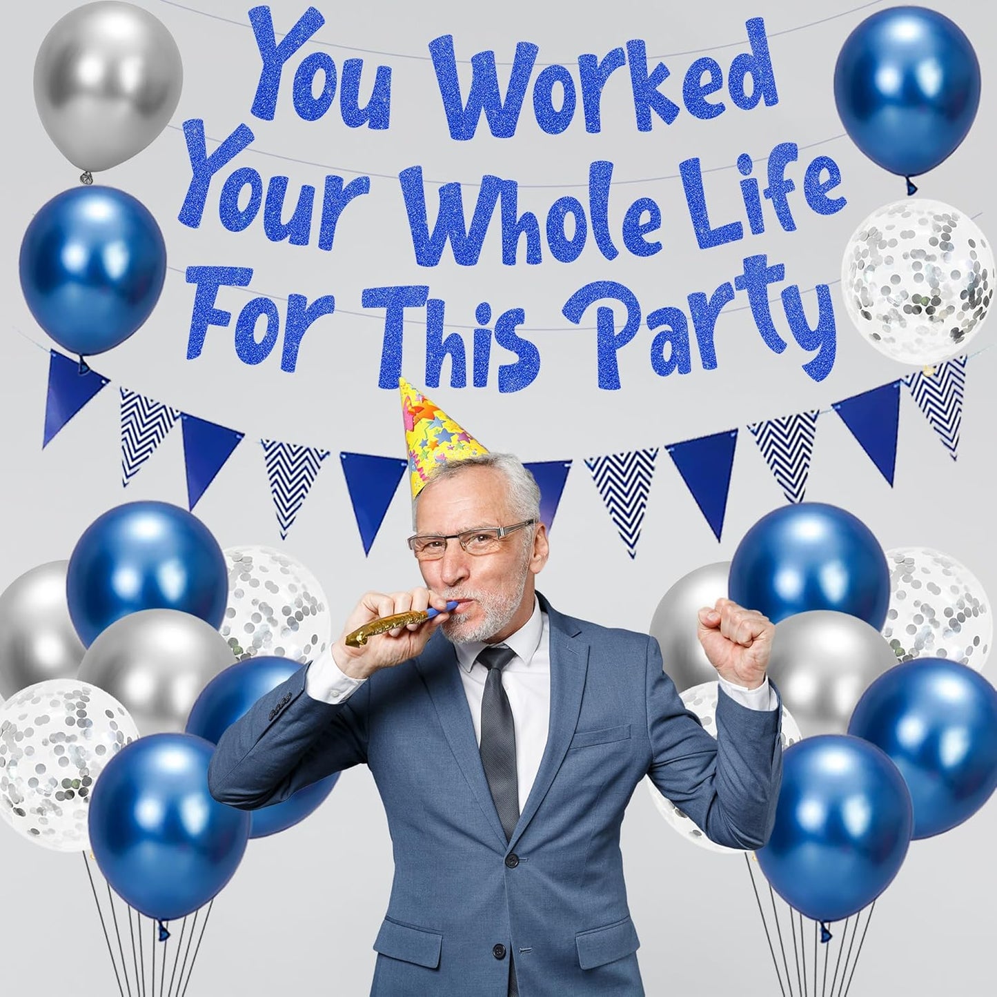 Holkcog You Worked Your Whole Life for This Party Blue Silver Glitter Banner, Funny Retirement Decorations Supplies Gifts, Blue and Silver Glitter Perfect for Office Coworker Goodbye Party Decor